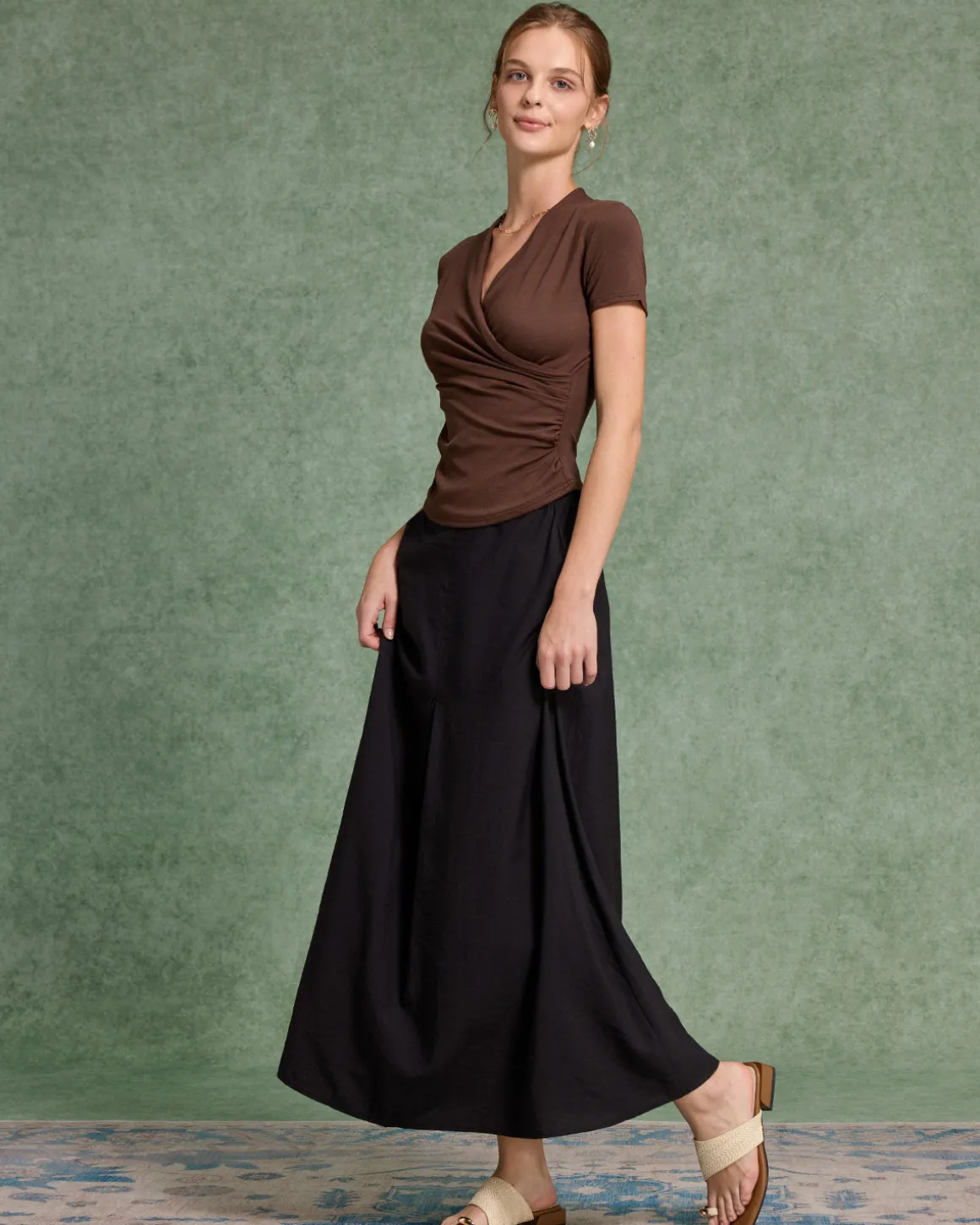 Brown Ruched Slim Knit Tee