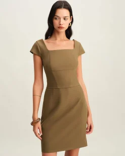 Brown Square Neck Cap Sleeve Mini Dress