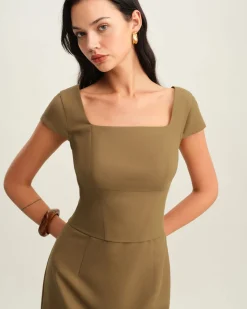 Brown Square Neck Cap Sleeve Mini Dress