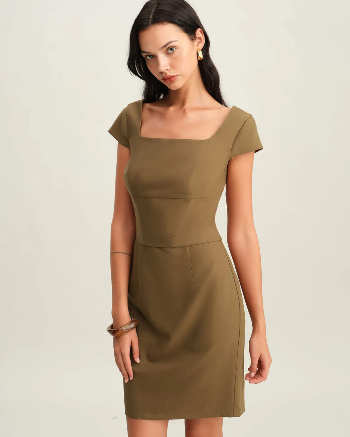 Brown Square Neck Cap Sleeve Mini Dress