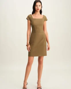 Brown Square Neck Cap Sleeve Mini Dress