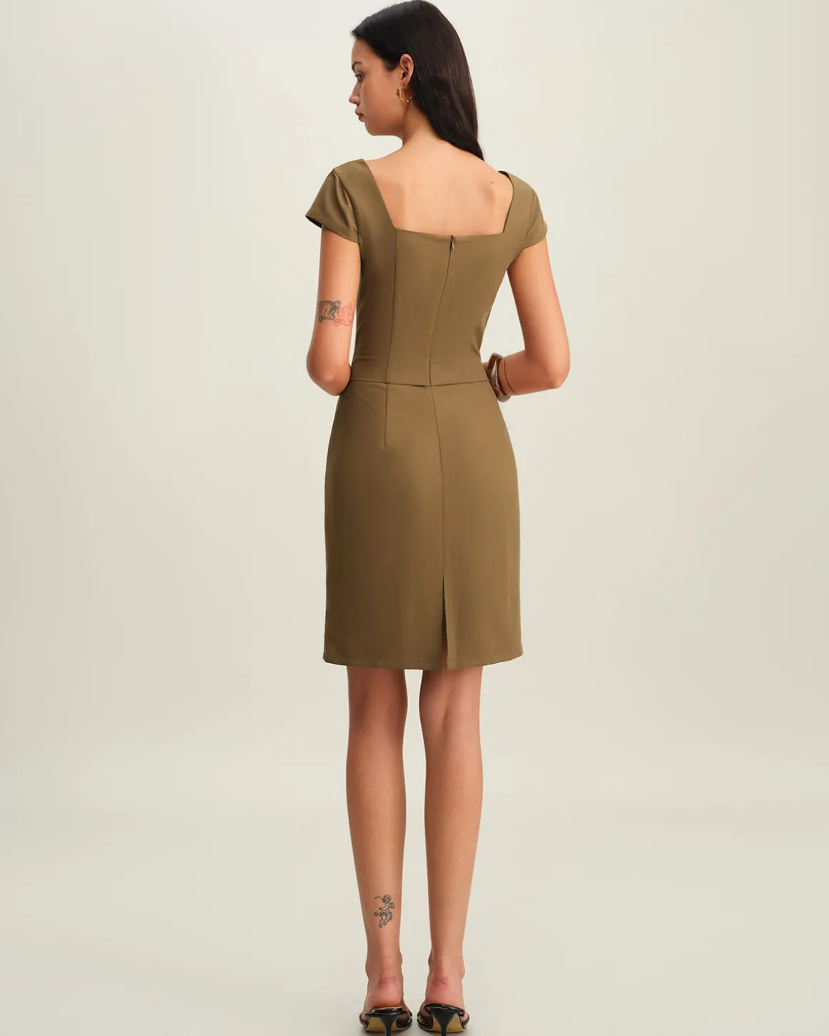 Brown Square Neck Cap Sleeve Mini Dress