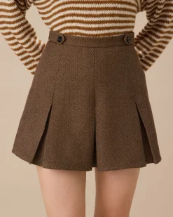 Brown Striped Pleated Mini Skirt