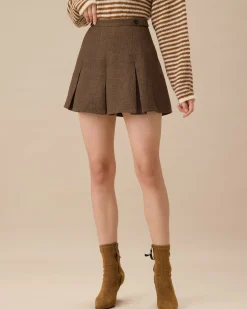 Brown Striped Pleated Mini Skirt