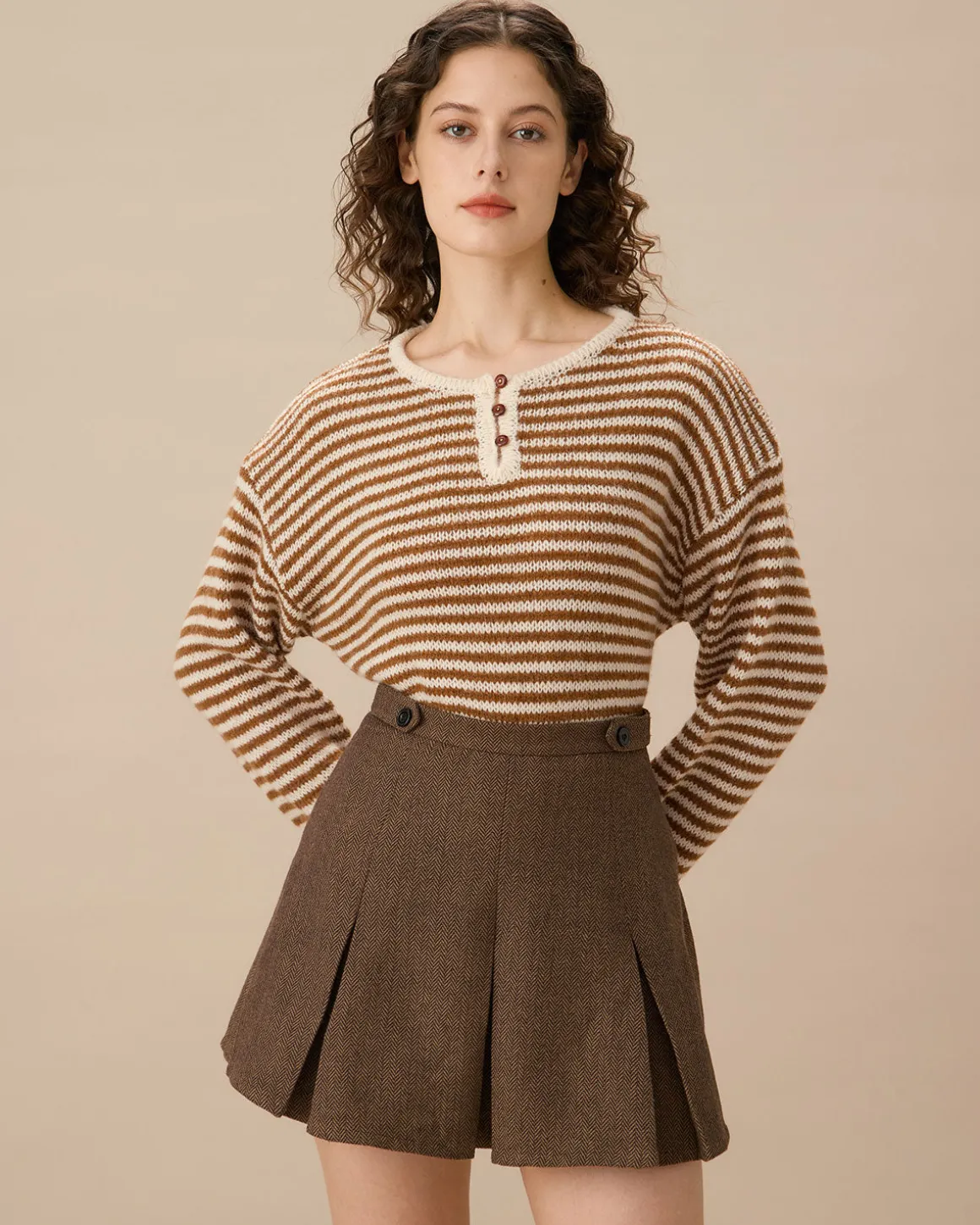 Brown Striped Pleated Mini Skirt