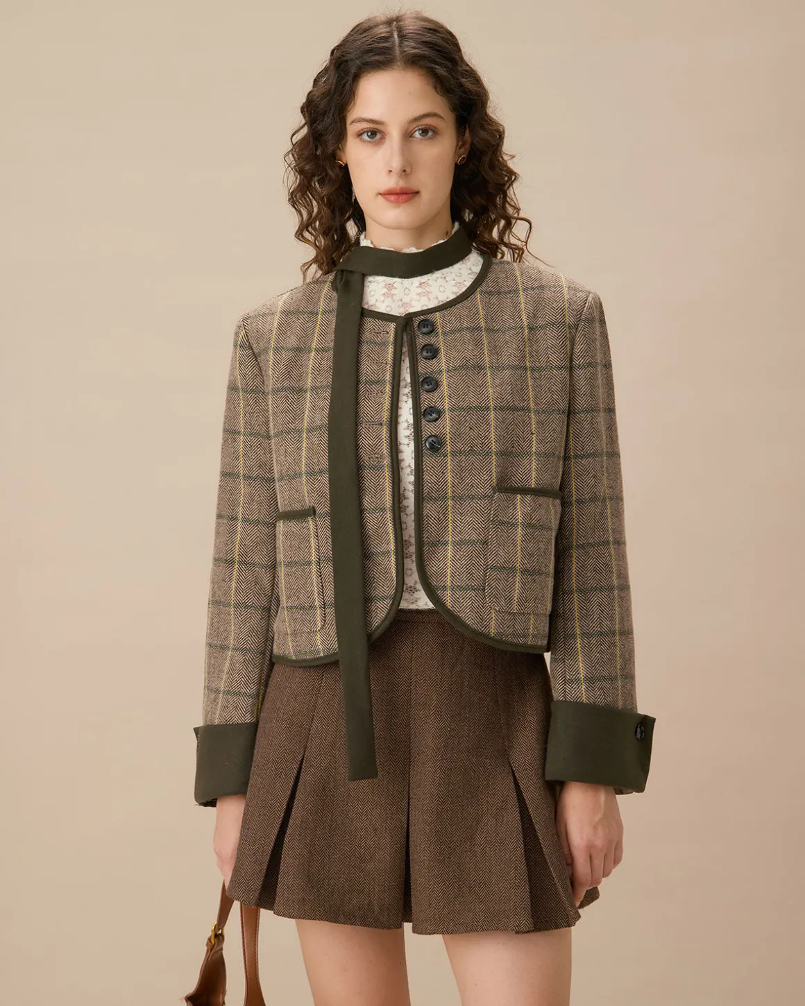 Brown Striped Pleated Mini Skirt