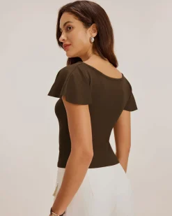 Brown U Neck Ruffle Tee