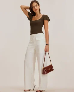 Brown U Neck Ruffle Tee