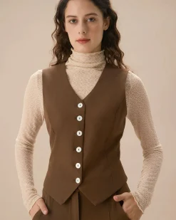 Brown V Neck Button Up Sleeveless Vest