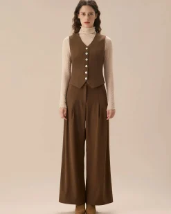 Brown V Neck Button Up Sleeveless Vest