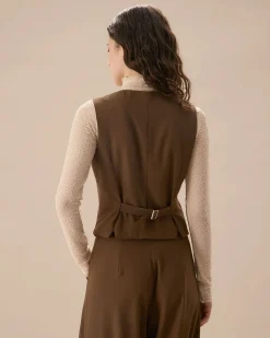 Brown V Neck Button Up Sleeveless Vest
