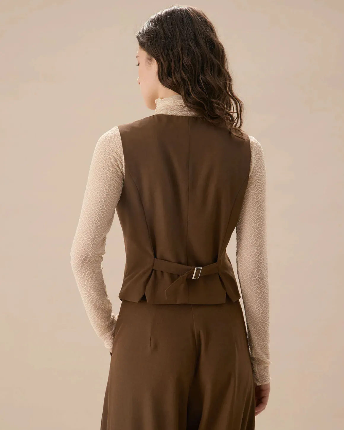 Brown V Neck Button Up Sleeveless Vest