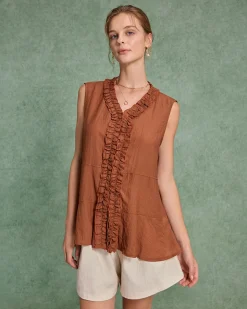 Brown V Neck Ruffle Tank Top