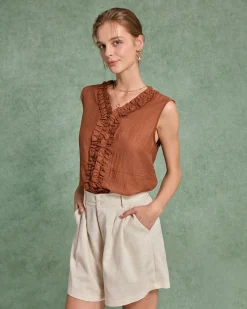 Brown V Neck Ruffle Tank Top
