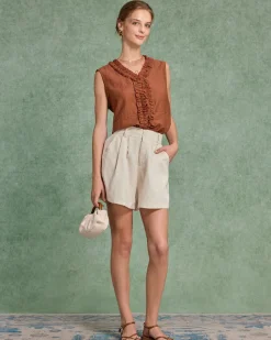 Brown V Neck Ruffle Tank Top