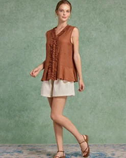 Brown V Neck Ruffle Tank Top