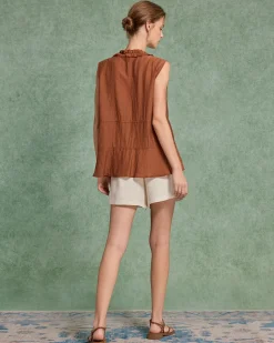 Brown V Neck Ruffle Tank Top