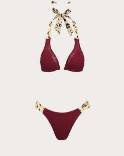 Burgundy Contrast Crochet Bikini Set