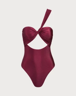 Burgundy Glitter One-Strap Cutout Swimsuit