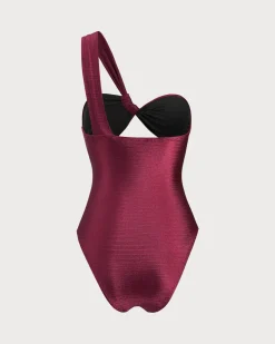Burgundy Glitter One-Strap Cutout Swimsuit