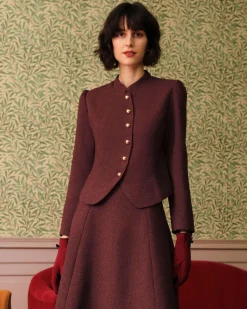 Burgundy Retro Single-breasted Tweed Jacket
