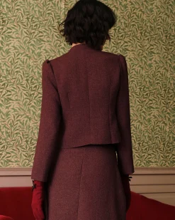 Burgundy Retro Single-breasted Tweed Jacket