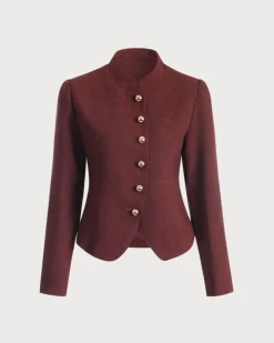 Burgundy Retro Single-breasted Tweed Jacket