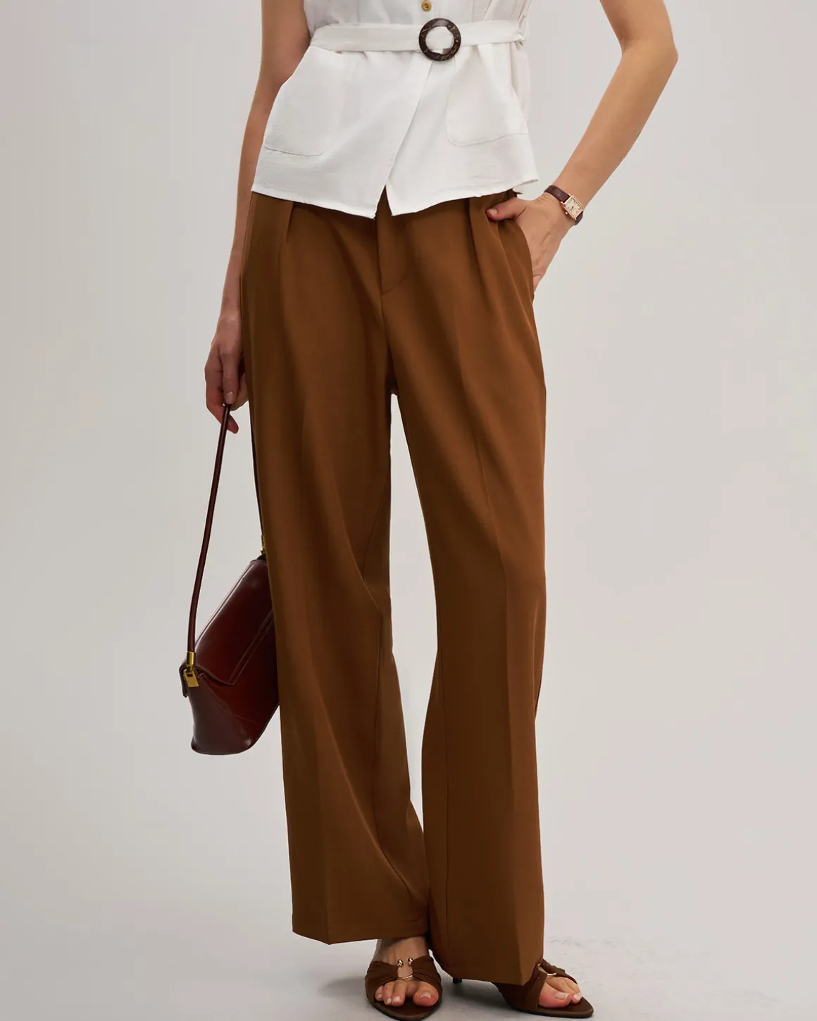 Caramel Elastic Waist Straight Pants
