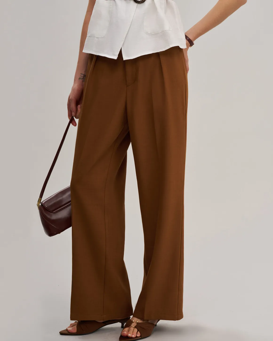 Caramel Elastic Waist Straight Pants