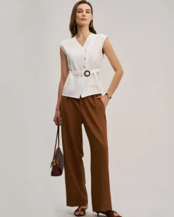 Caramel Elastic Waist Straight Pants