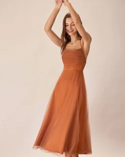 Caramel Mesh Flowy Slip Midi Dress