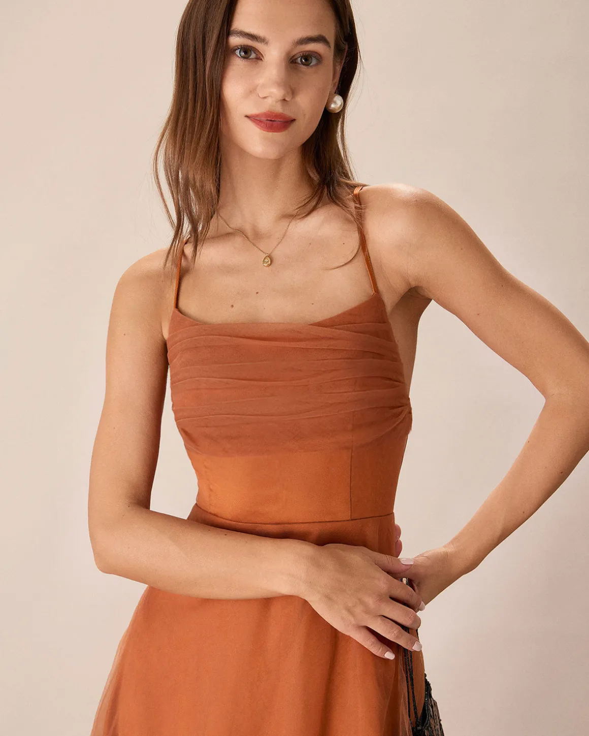 Caramel Mesh Flowy Slip Midi Dress