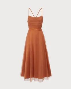 Caramel Mesh Flowy Slip Midi Dress