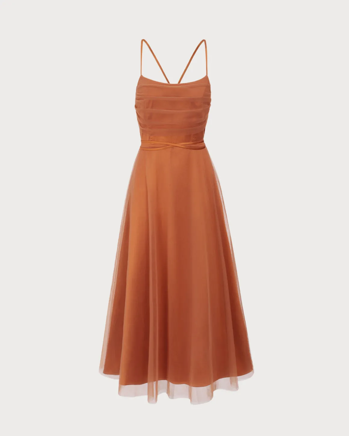 Caramel Mesh Flowy Slip Midi Dress
