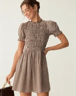 Coffee Plaid Puffed Sleeve Mini Dress
