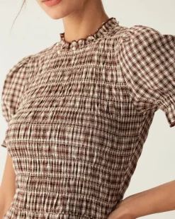 Coffee Plaid Puffed Sleeve Mini Dress