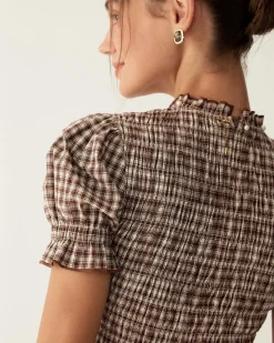 Coffee Plaid Puffed Sleeve Mini Dress