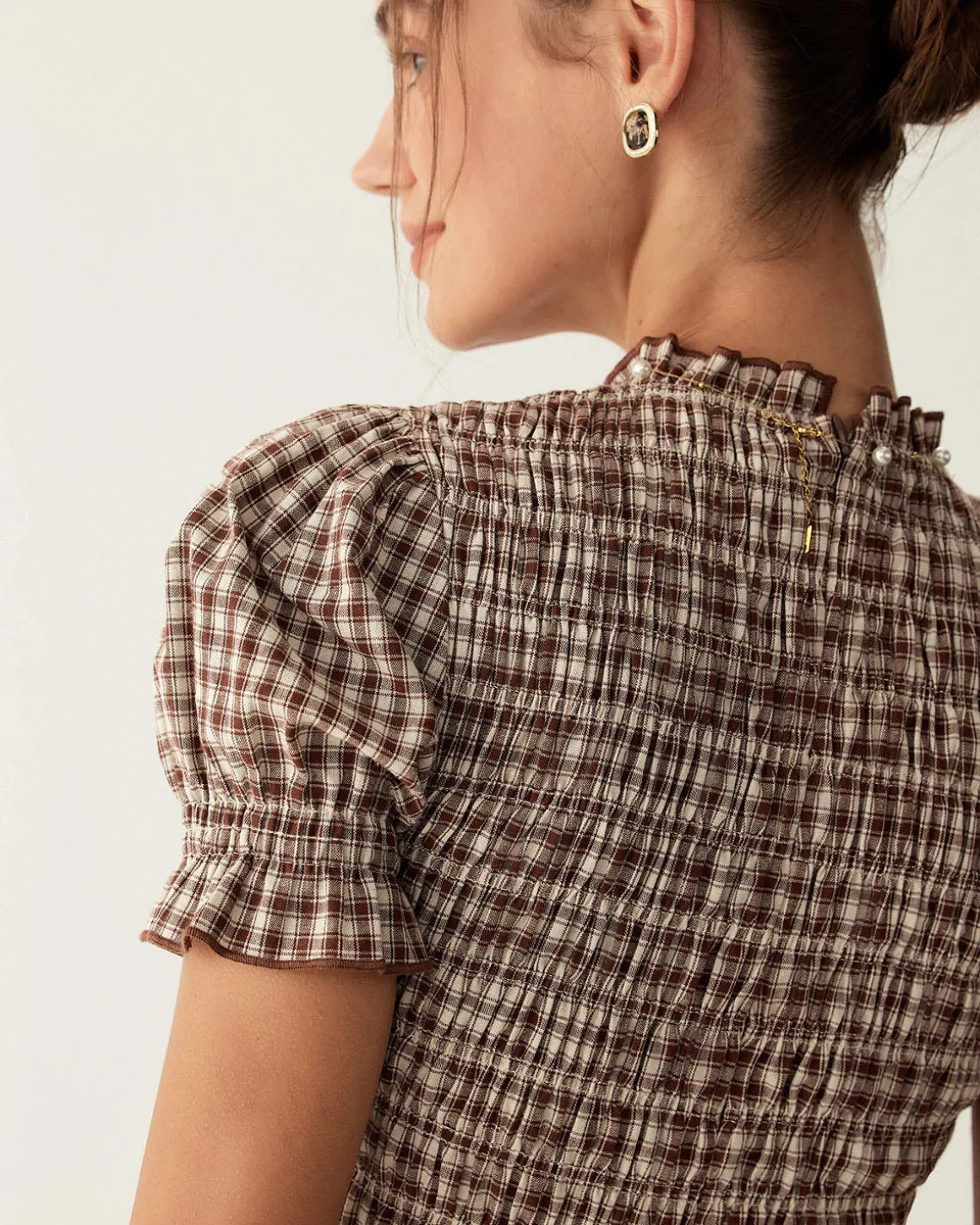 Coffee Plaid Puffed Sleeve Mini Dress