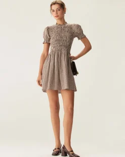 Coffee Plaid Puffed Sleeve Mini Dress