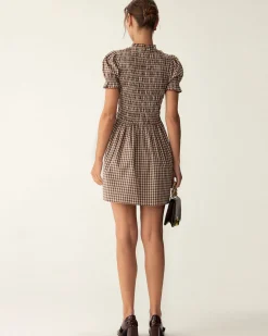 Coffee Plaid Puffed Sleeve Mini Dress