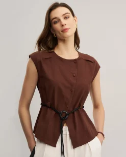 Coffee Round Neck Belted Blouse