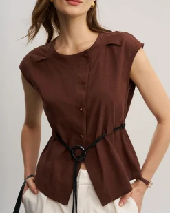 Coffee Round Neck Belted Blouse