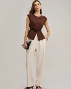 Coffee Round Neck Belted Blouse
