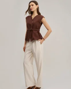 Coffee Round Neck Belted Blouse
