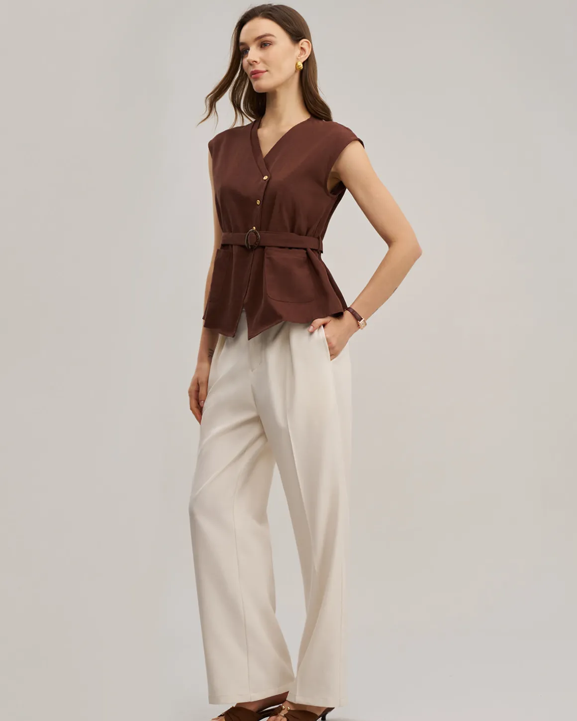 Coffee Round Neck Belted Blouse