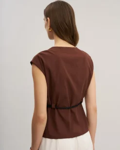 Coffee Round Neck Belted Blouse