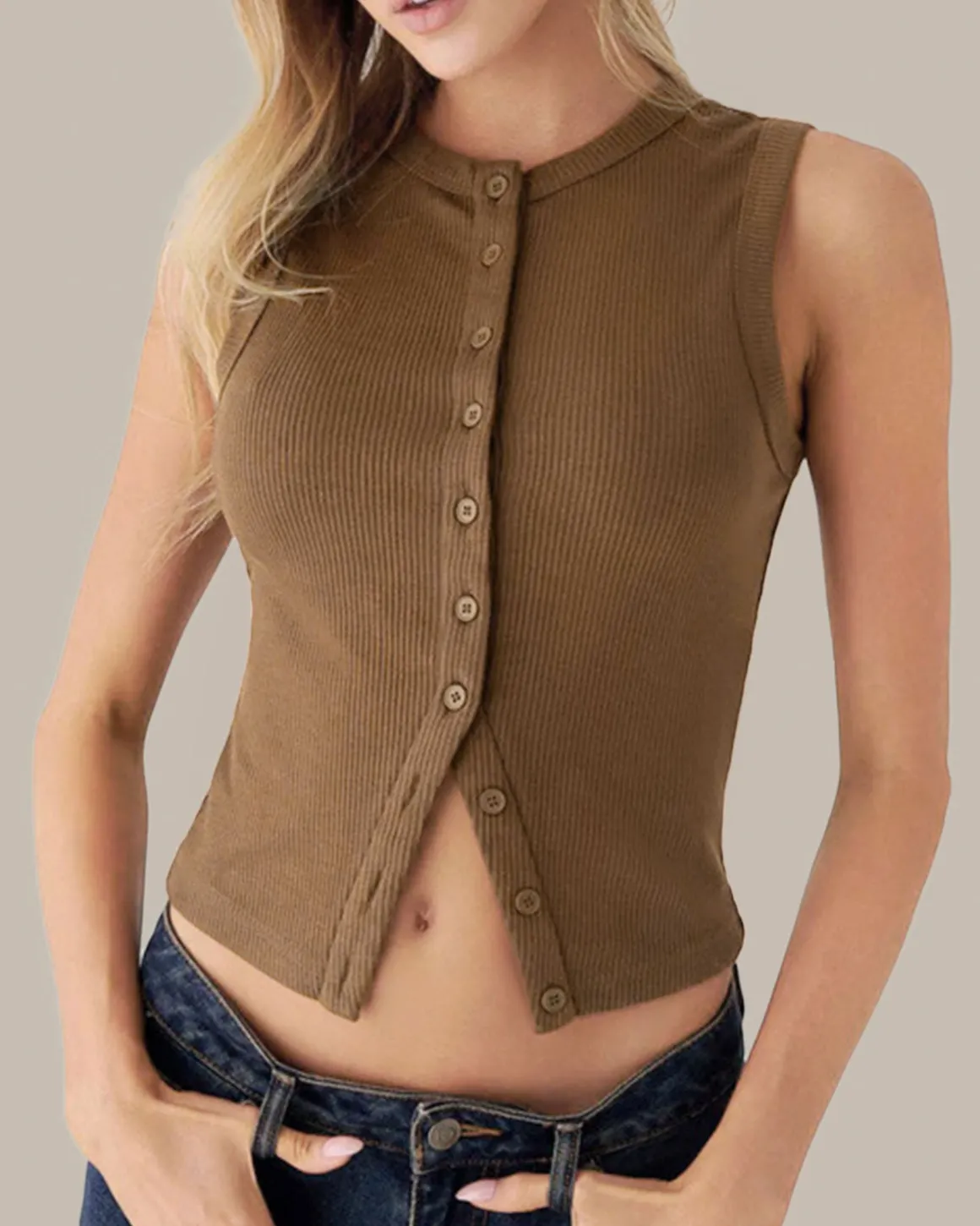 Coffee Round Neck Knit Tank Top