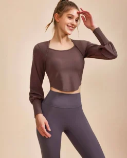 Coffee Round Neck Long Sleeve Top