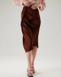 Coffee Ruched Pencil Midi Skirt