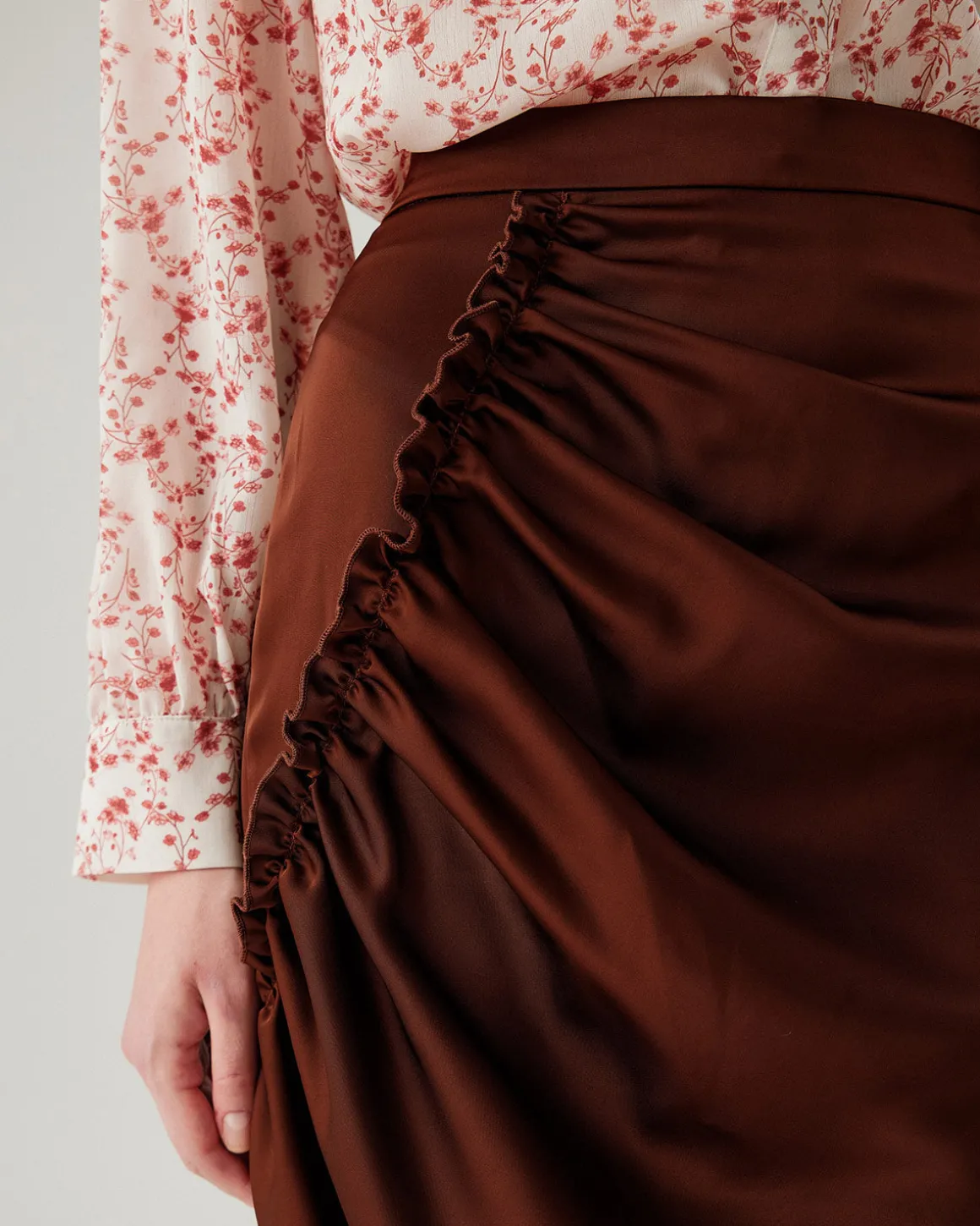 Coffee Ruched Pencil Midi Skirt